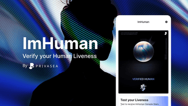 This image promotes "ImHuman," a product by Privasea to verify human liveness. The main text reads "ImHuman - Verify your Human Liveness." The background shows a silhouette of a person's head with colorful, abstract patterns. On the right side, there's a smartphone screen displaying "VERIFIED HUMAN" with an option to "Test your Liveness."